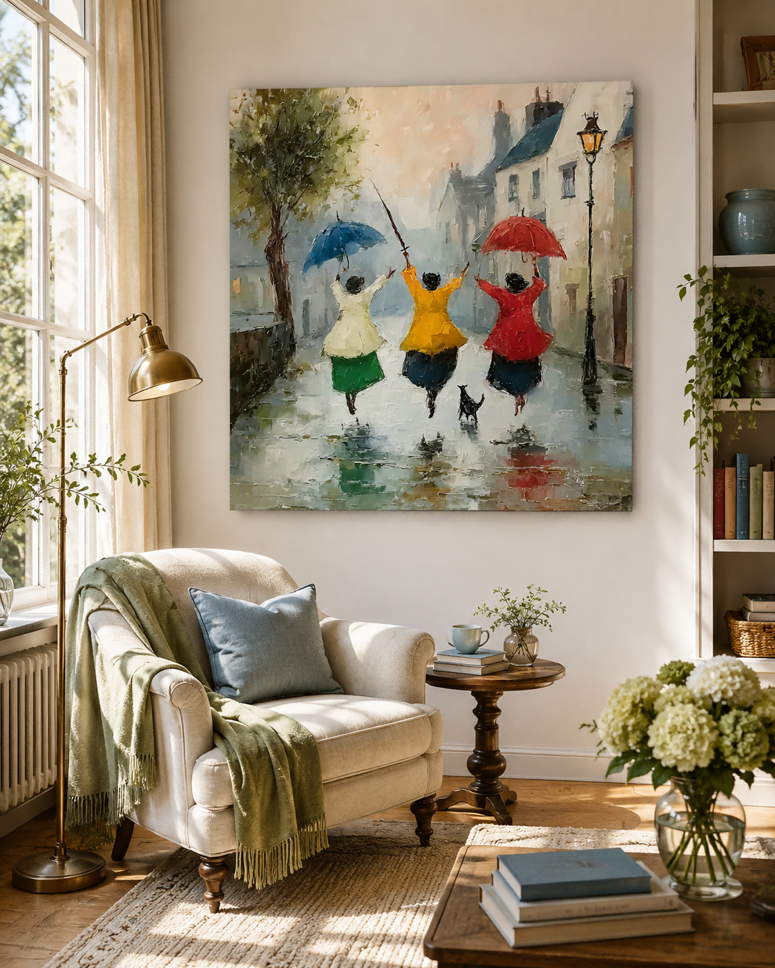 Impressionist Street Scene Oil Painting With Three Women In Rain For Modern Living Room Decor