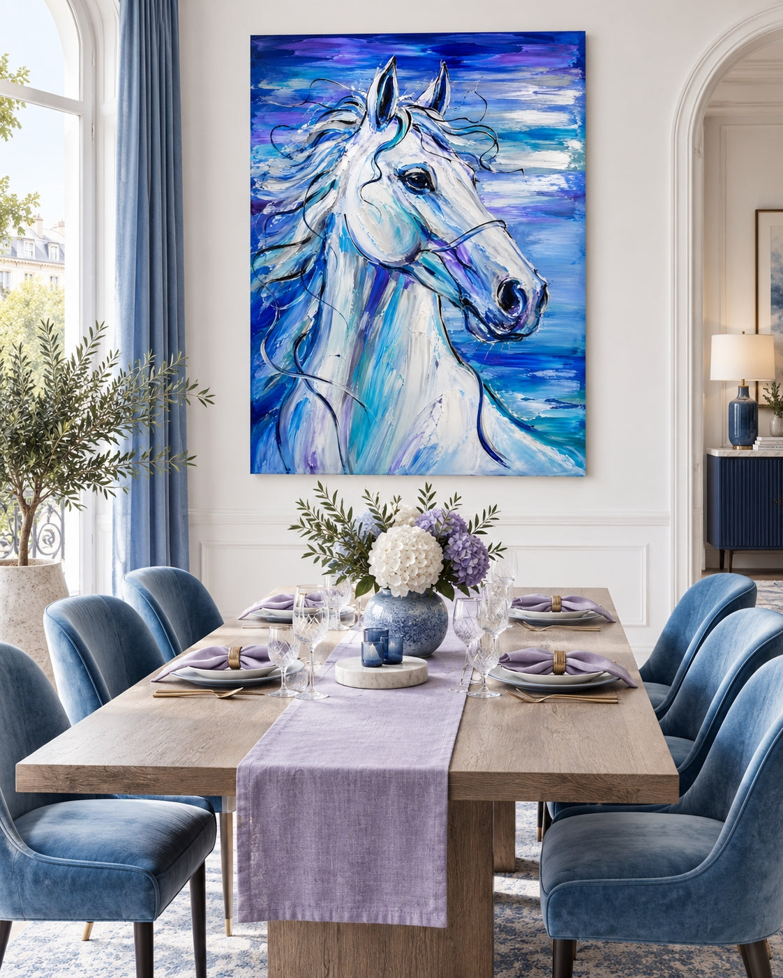 Expressive Impasto Horse Oil Painting With Dreamy Violet And Cobalt Hues