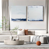Set of 2 Large Abstract Modern Blue And White Square Original Minimalist Oil Paintings On Canvas Texture Wall Art Living Room Decor