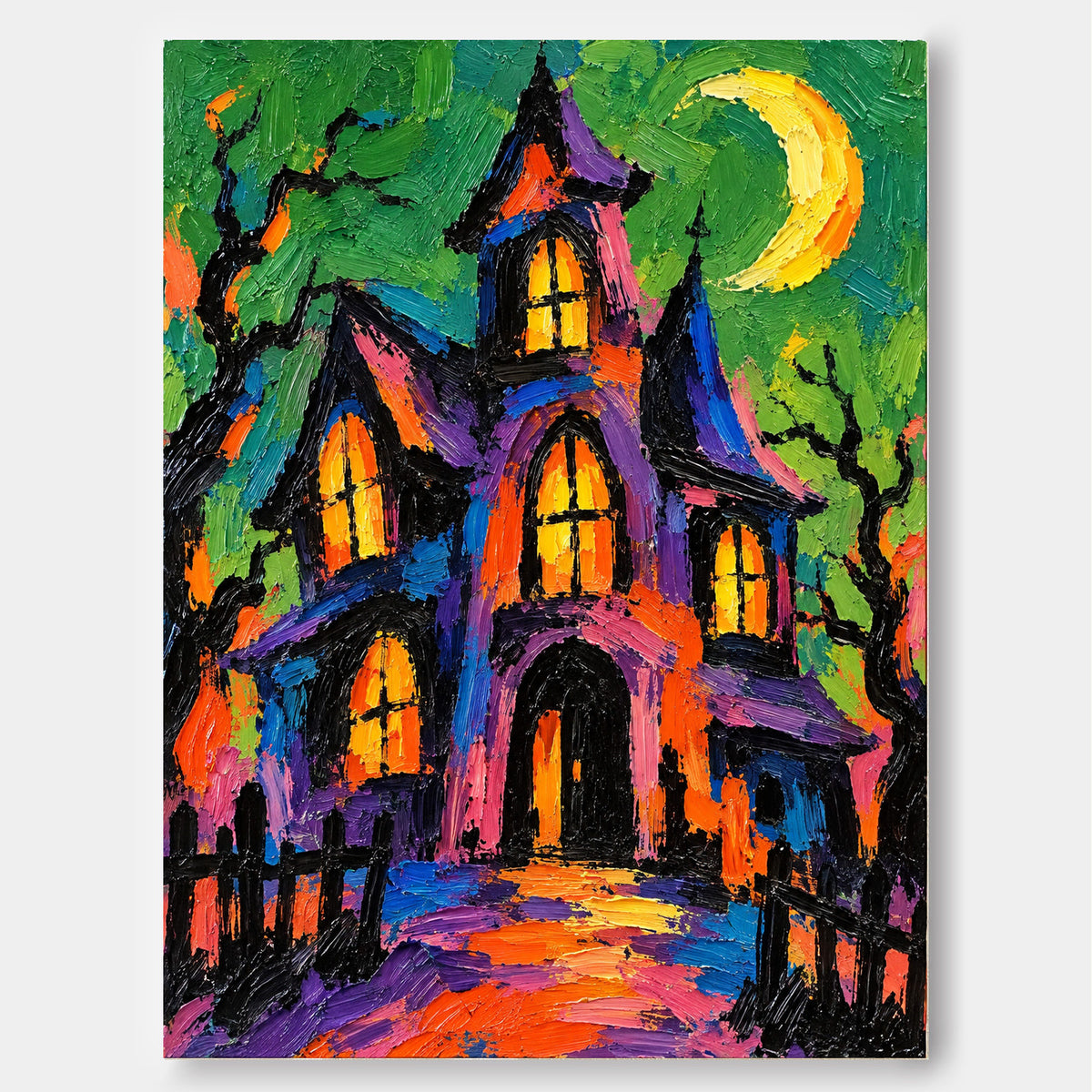Haunted Manor Painting With Moon Hand-Painted Canvas Art In Purple And Orange Modern Halloween Wall Art
