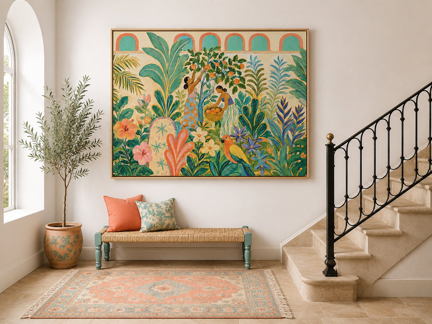 Fantasy Landscape Oil Painting In Art Deco Style Featuring Fruit Picking And Exotic Birds On Canvas