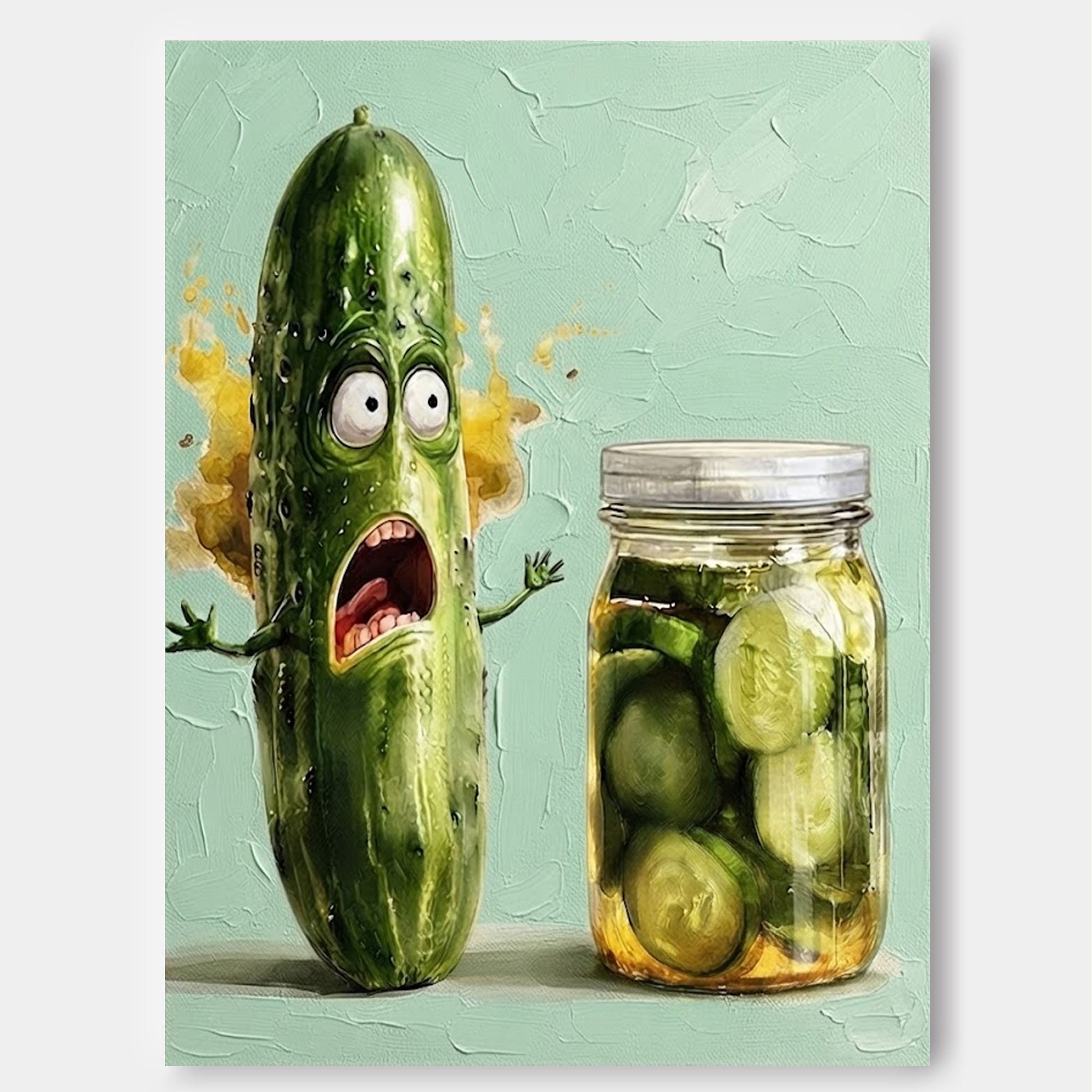 Funny Cucumber Painting For Modern Kitchen Wall Art Decor With Textured Green Pop Art Style