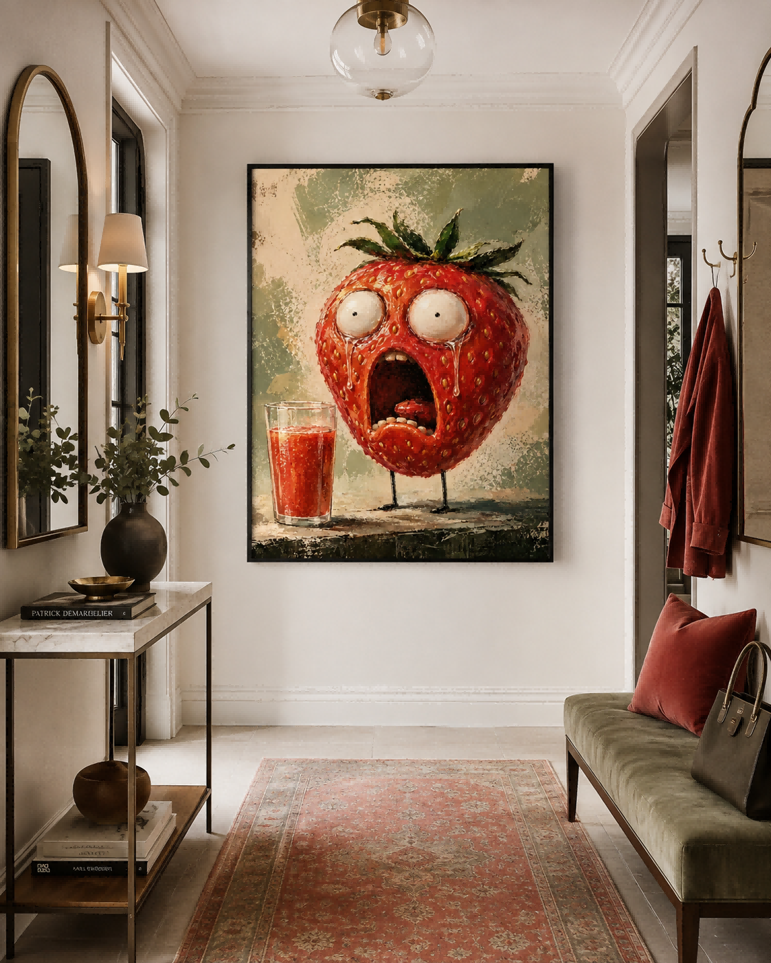 Surreal Anthropomorphic Fruit Art Canvas Featuring A Dramatic Strawberry Character