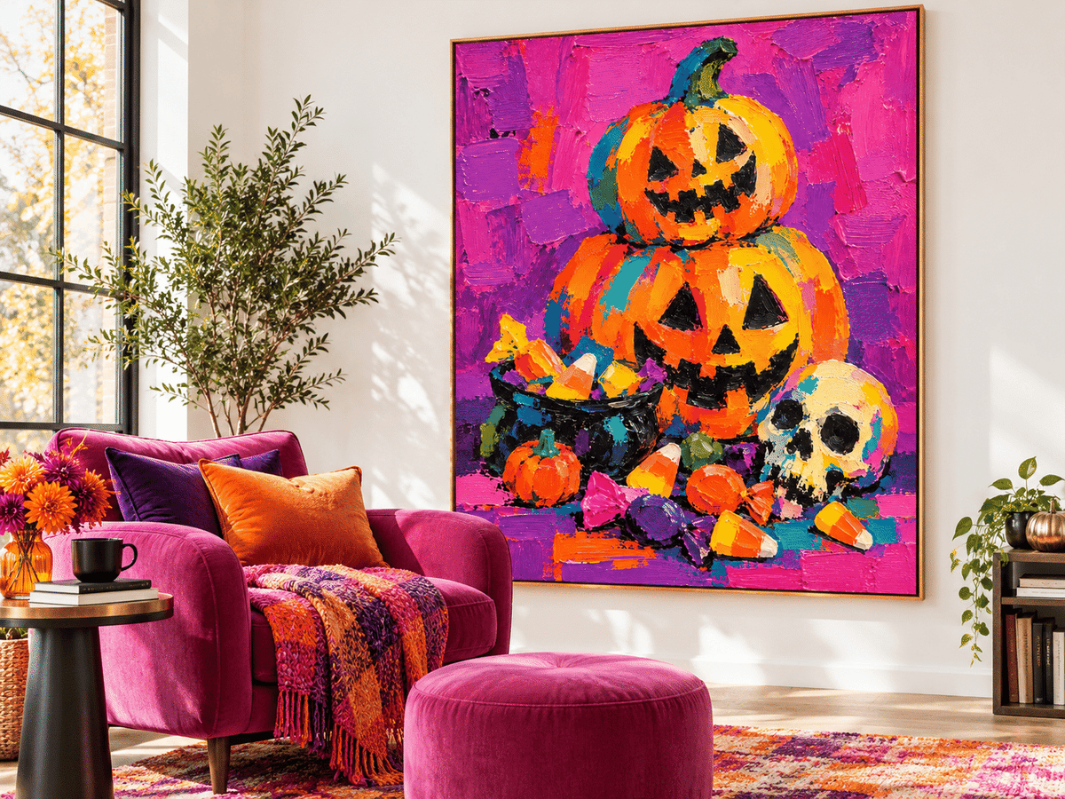 Hand-Painted Halloween Pumpkin And Skull Canvas Art With Candy