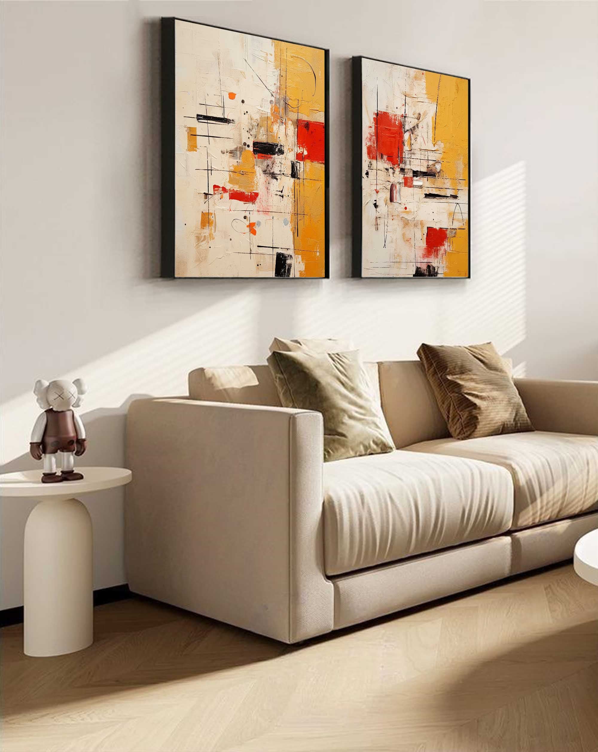 Set of 2  Large Original Acrylic Painting vibrant Yellow Abstract Graffiti Oil Painting Modern Wall Art Living Room Decor