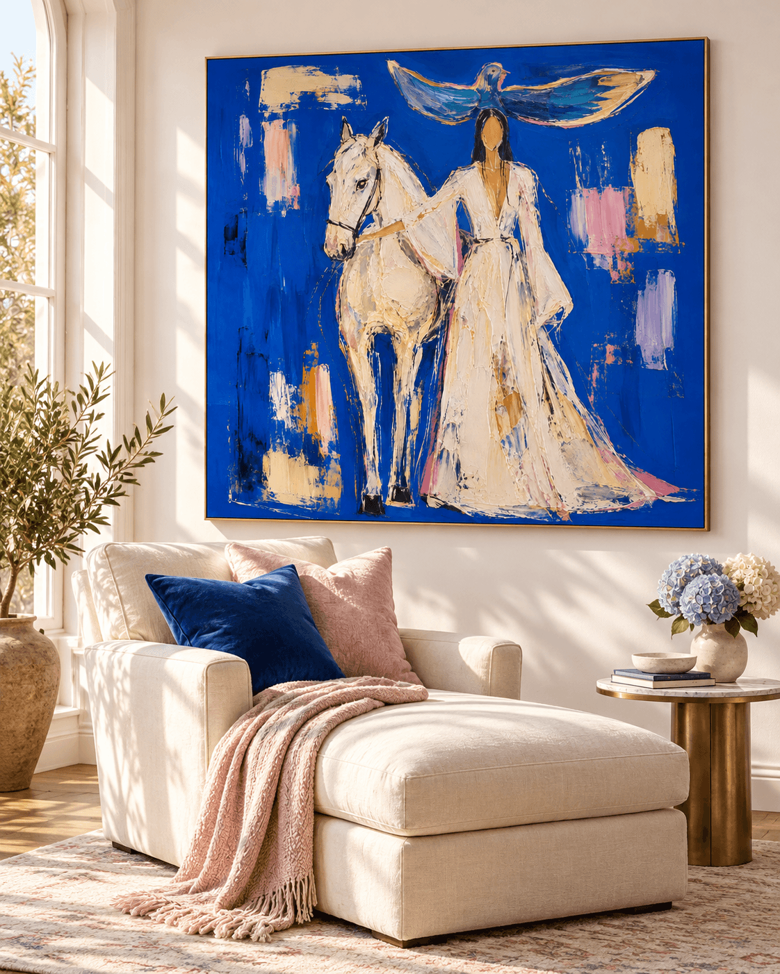 Woman With White Horse And Dove Abstract Canvas Painting In Klein Blue