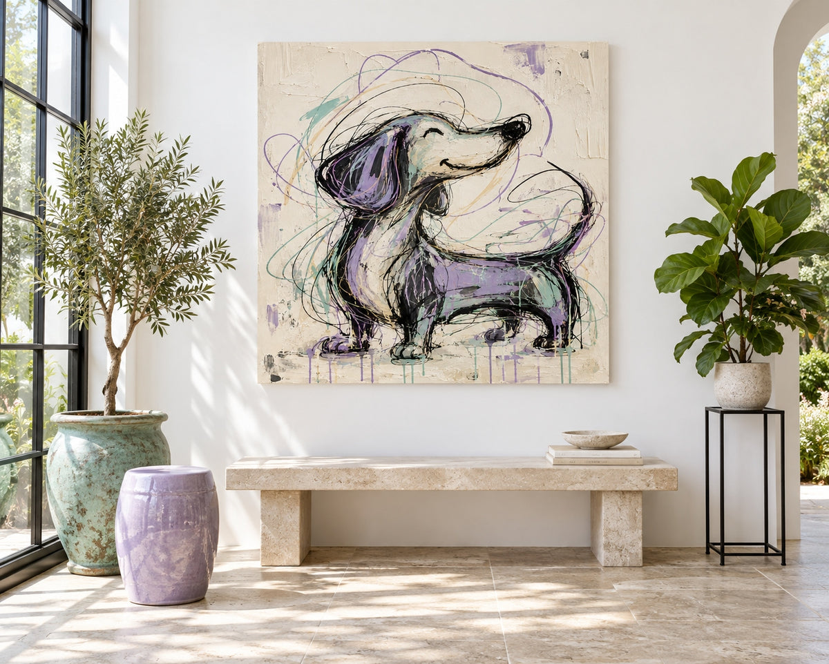 Hand-Painted Purple Dachshund Canvas Art With Graffiti Style
