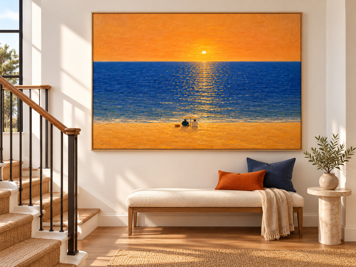 Romantic Sunset Beach Couple Hand-Painted Canvas Wall Art With Orange Sky