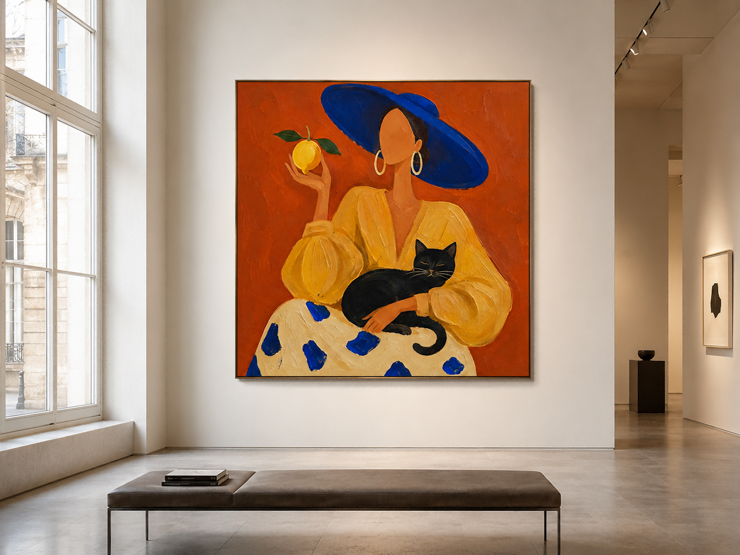 Modern Minimalist Oil Painting Of Lady With Blue Hat And Black Cat For Living Room Decor