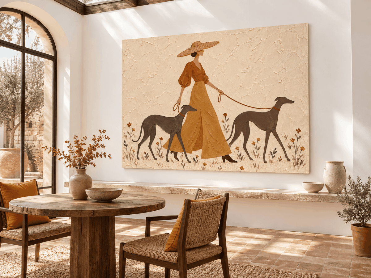 Vintage Woman With Dogs Canvas Painting Abstract Pastoral Art Beige