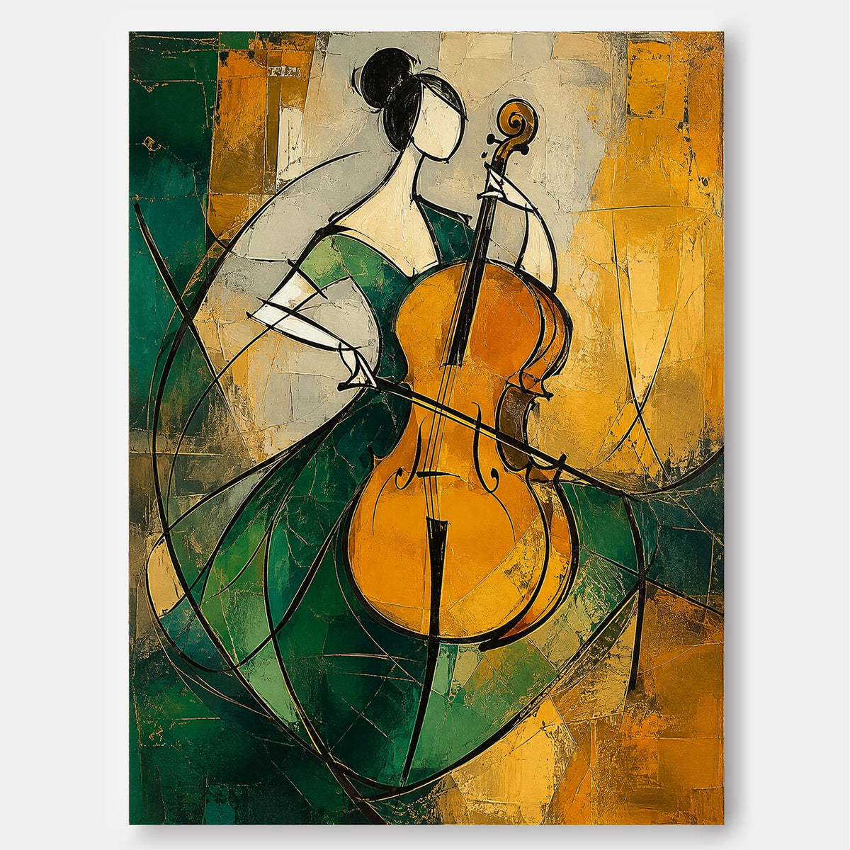 Cubist Style Minimalist Oil Painting With Textured Emerald And Gold Tones