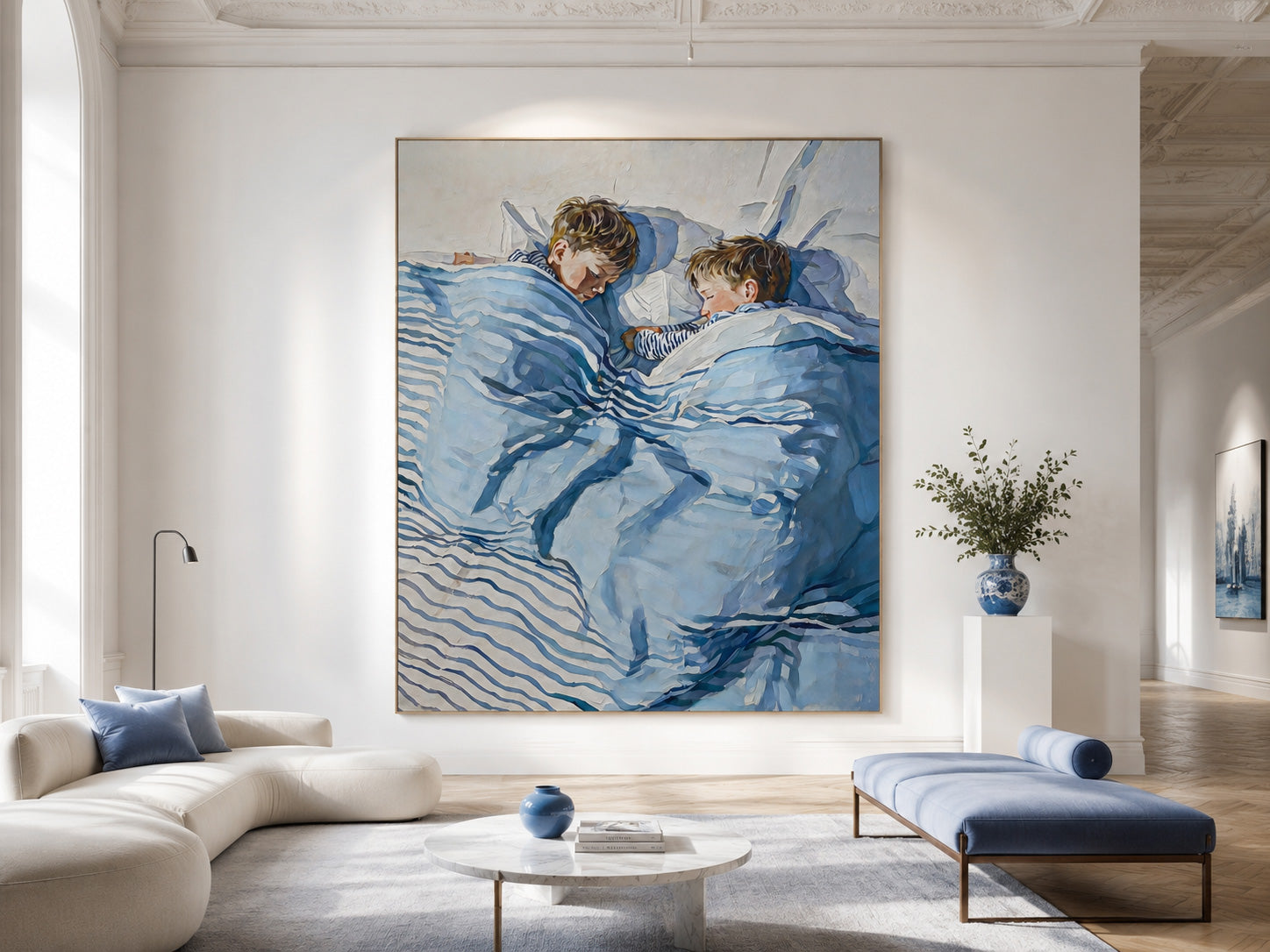 Original Sleeping Children Artwork Soft Blue Linen Texture For Kids Nursery