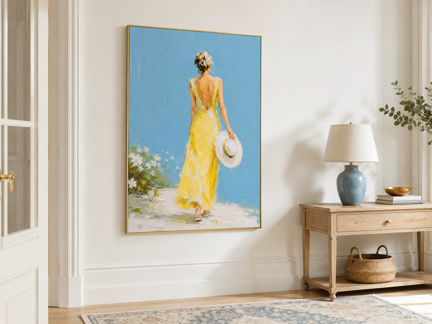 Minimalist Impasto Oil Painting Of Lady Back View With Hat And Flowers Modern Wall Art For Bedroom Or Lounge