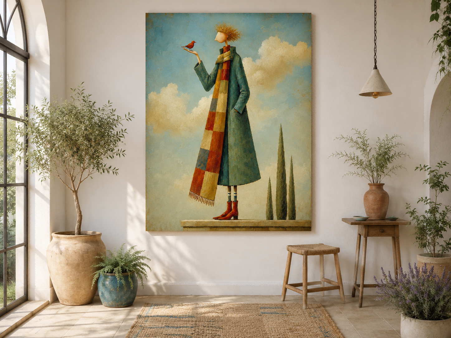 Whimsical Art Deco Painting With Textured Brushwork And Dreamy Sky Atmosphere