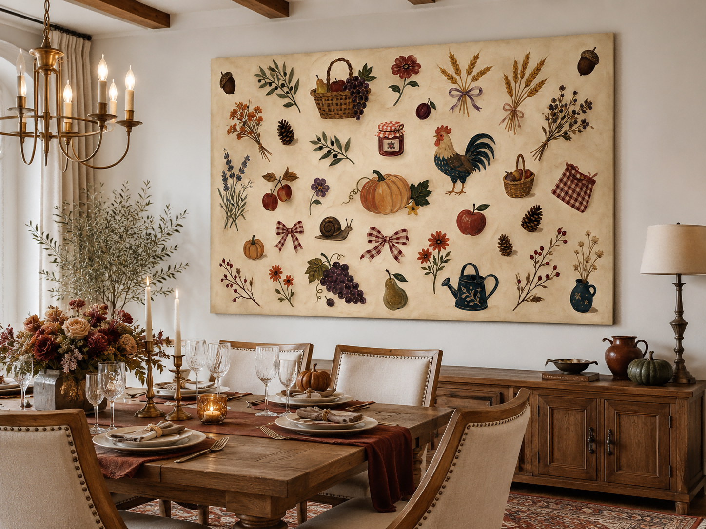Vintage Pastoral Oil Painting With Autumn Harvest Fruits And Flowers For Farmhouse Kitchen Decor