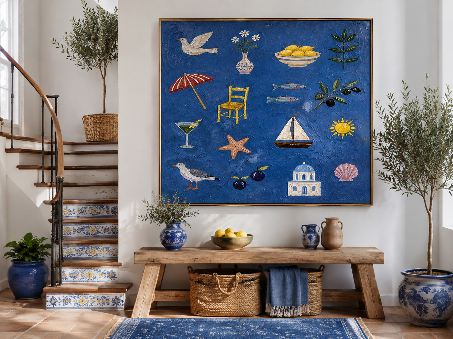Mediterranean Folk Art Painting With Sea And Lemons For Coastal Home Decor