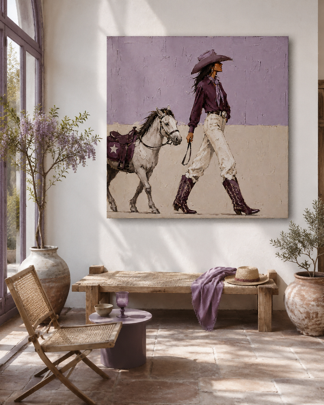 Modern Western Cowgirl Art With Horse Purple Beige Square Canvas For Living Room Decor