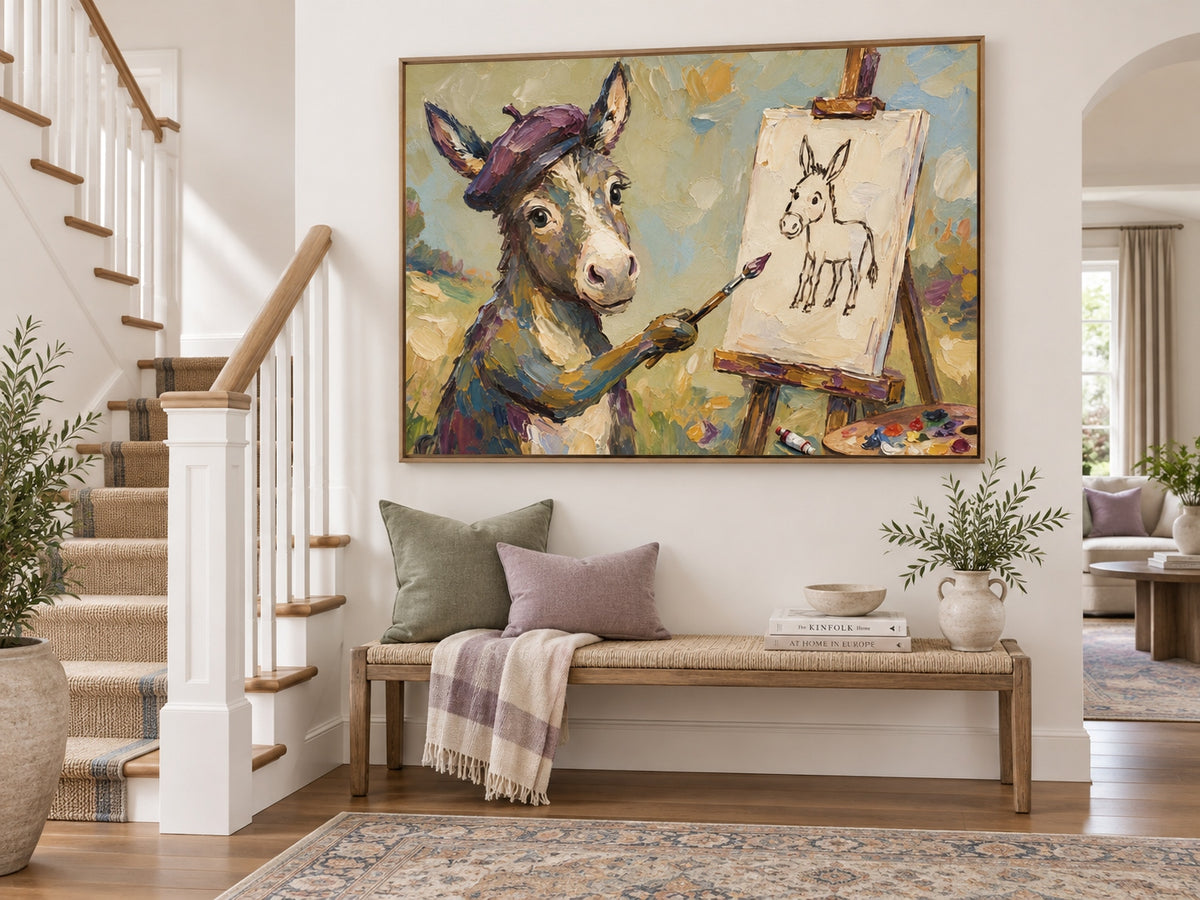 Hand-Painted Donkey Artist Canvas Painting With Beret In Olive Green Tones