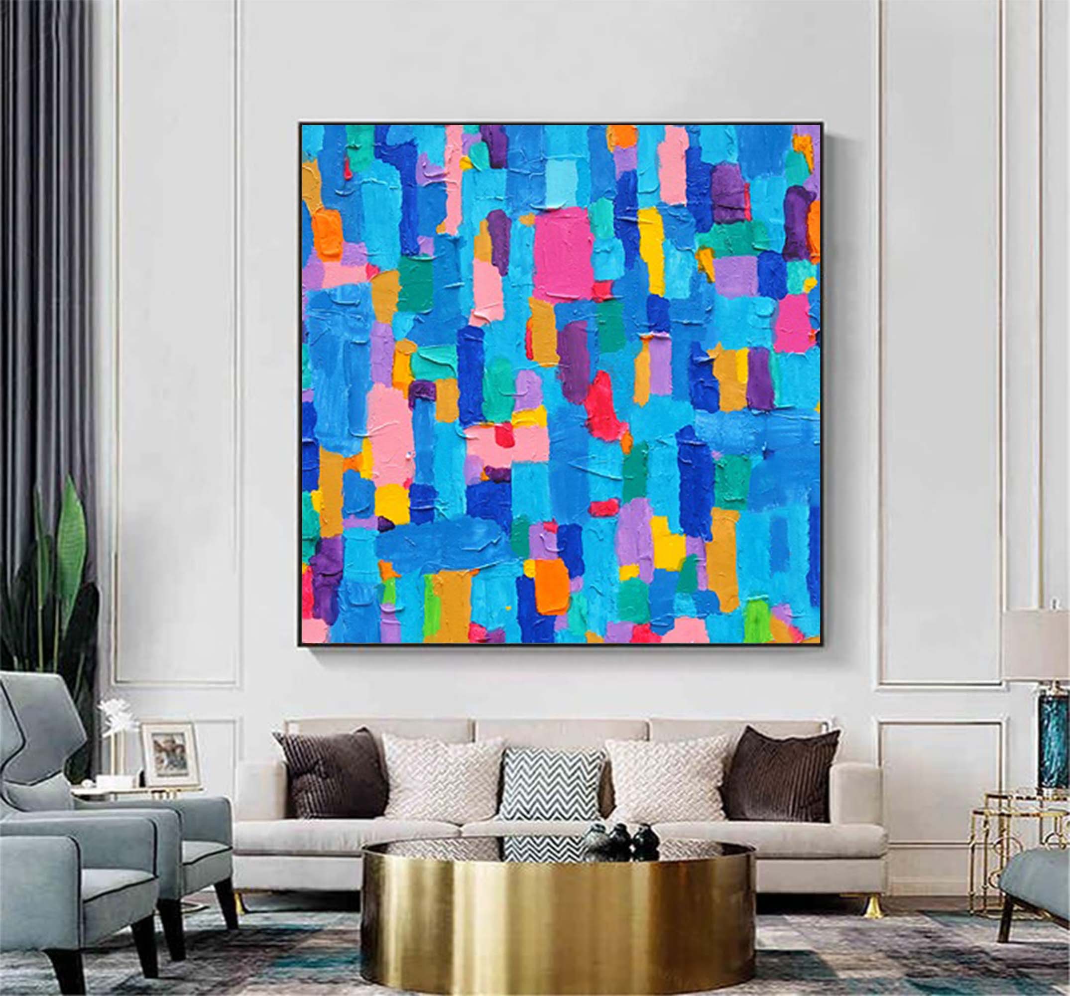 Colorful Modern Wall Art Large Abstract Oil Painting On Canvas Original Blue Acrylic Painting For Living Room