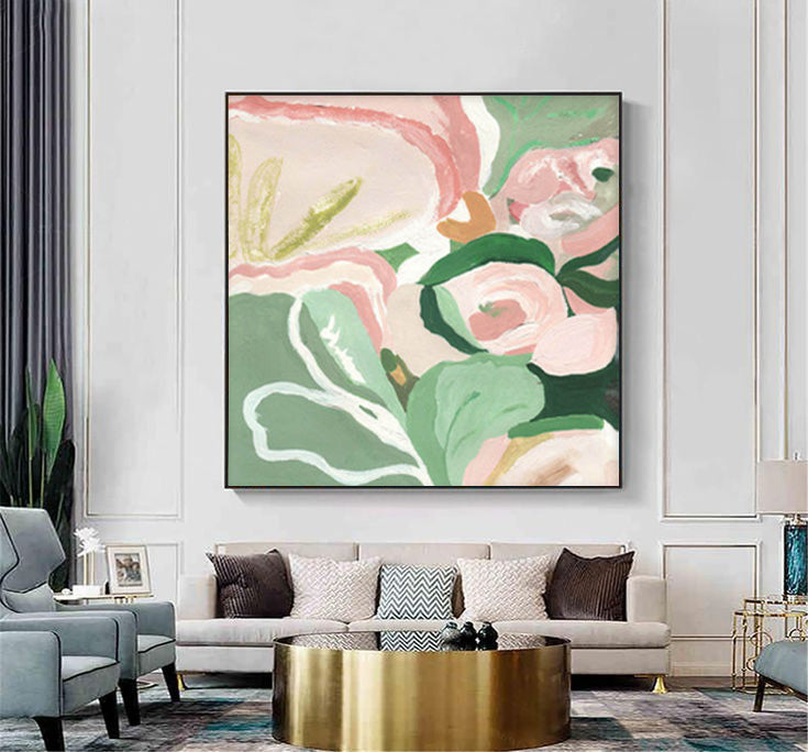 Green And Pink Original Flower Wall Art Large Textured Floral Acrylic Painting Modern White Floral Oil Painting On Canvas For Living Room