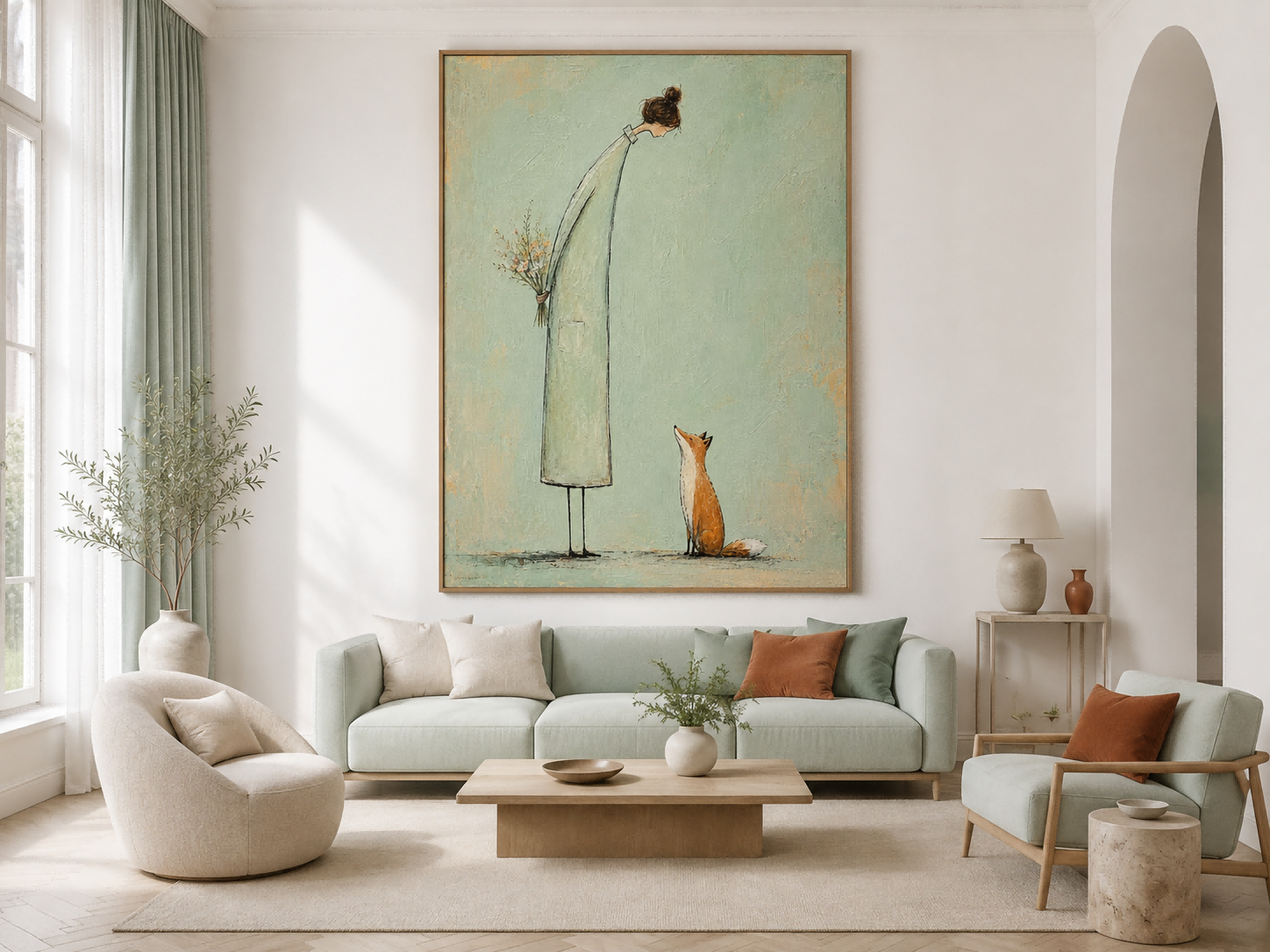 Naive Art Painting Of Woman And Fox With Flowers In Modern Minimalist Style For Living Room Decor