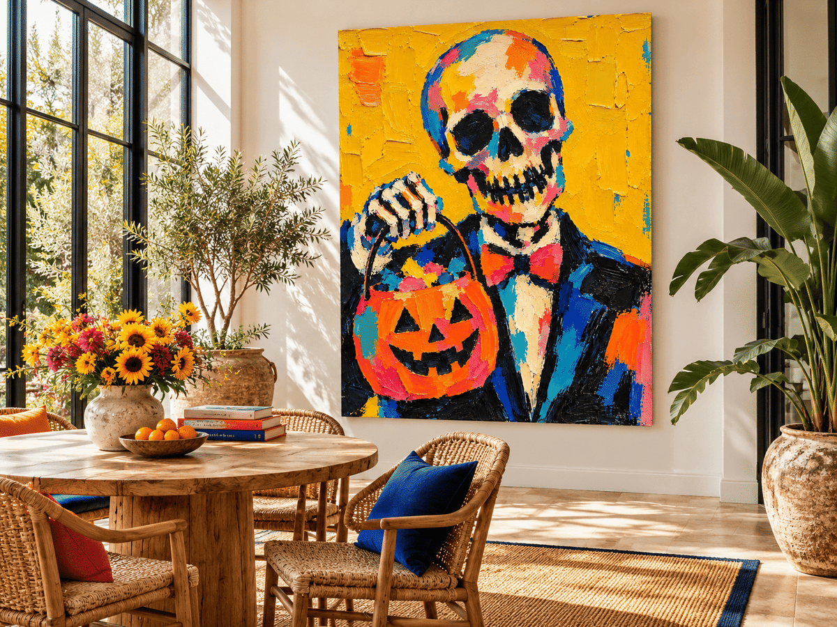 Modern Abstract Skeleton Painting With Retro Vintage Vibes Vibrant Halloween Wall Art