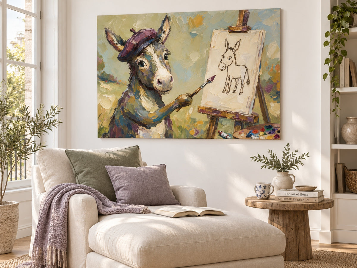 Hand-Painted Donkey Artist Canvas Painting With Beret In Olive Green Tones