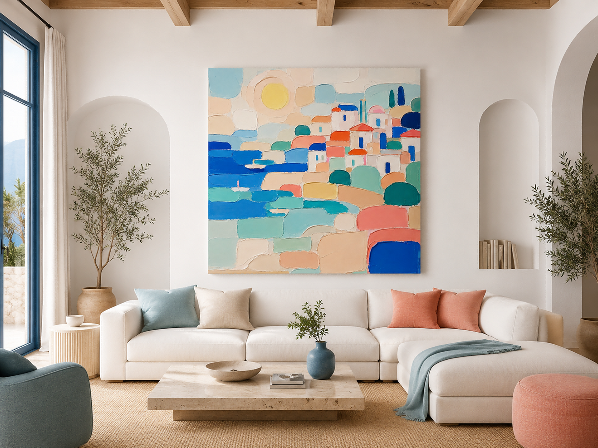 Abstract Mediterranean Town Seascape Hand-Painted Canvas Art With Blue And Orange Tones