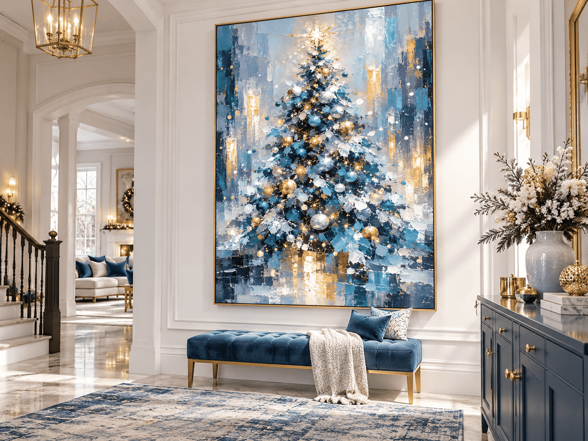 Textured Abstract Art With Vintage Touch Abstract Blue And Gold Christmas Tree Canvas Painting Hand-Painted Modern Holiday Wall Art