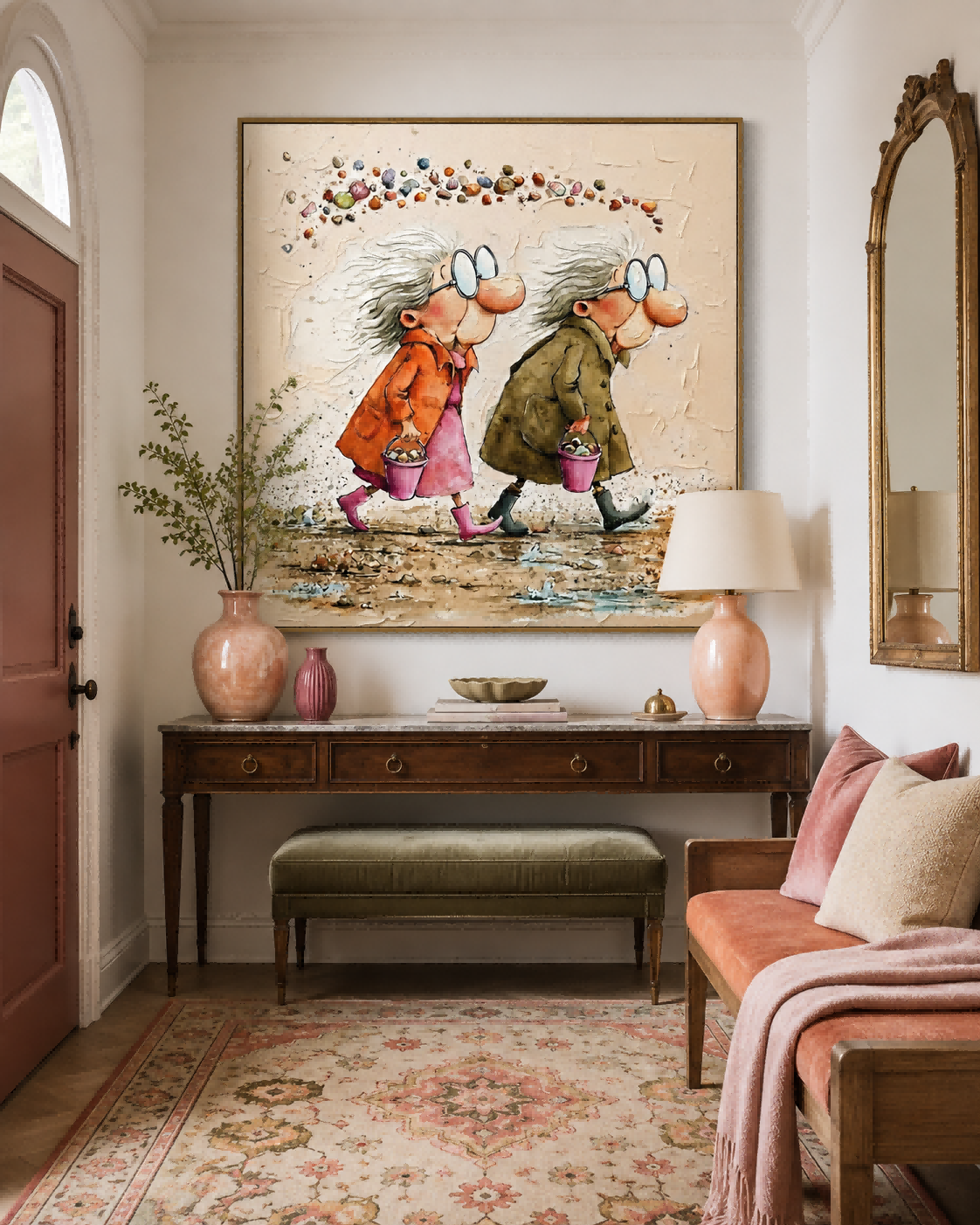 Cute Elderly Sisters Beach Art Square Canvas Painting For Living Room Decor