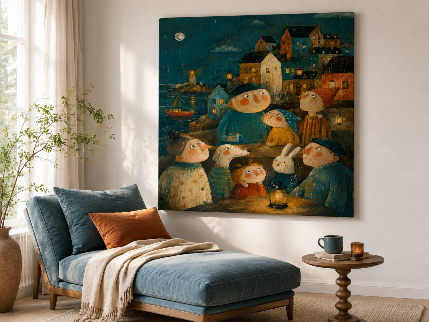 Naive Art Style Painting Of A Fantasy Port Town Under A Full Moon