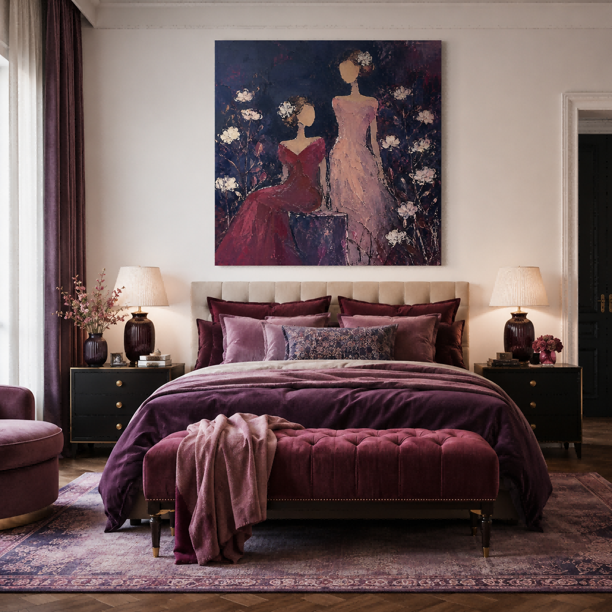 Vintage Faceless Women Painting With Flowers In Purple And Red For Bedroom Wall Art Decor