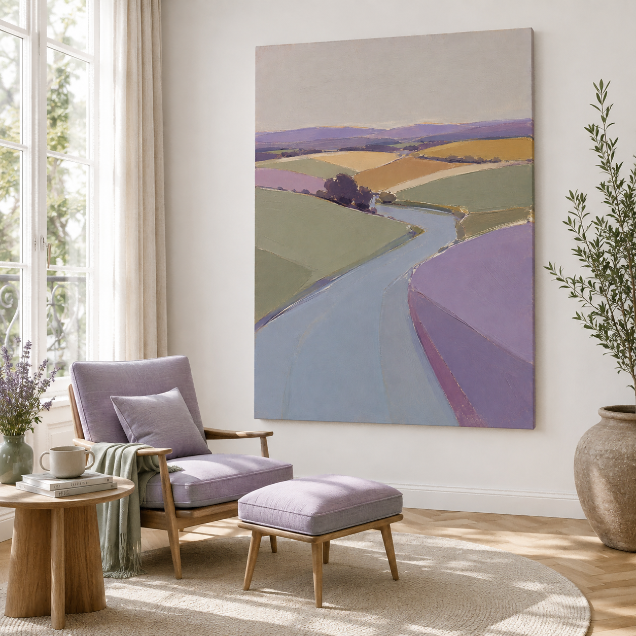 Geometric Abstract Art Canvas Featuring Serene Purple And Green Countryside Scene