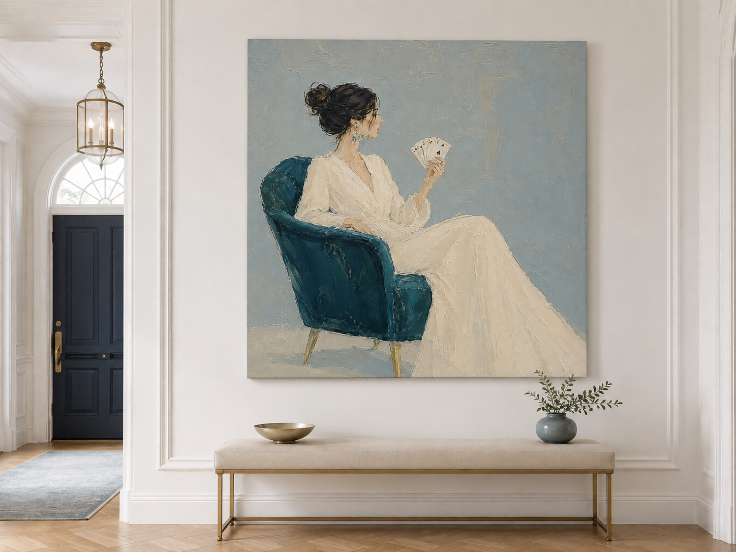 Minimalist Oil Painting Of Woman In White Dress With Playing Cards For Modern Living Room Decor