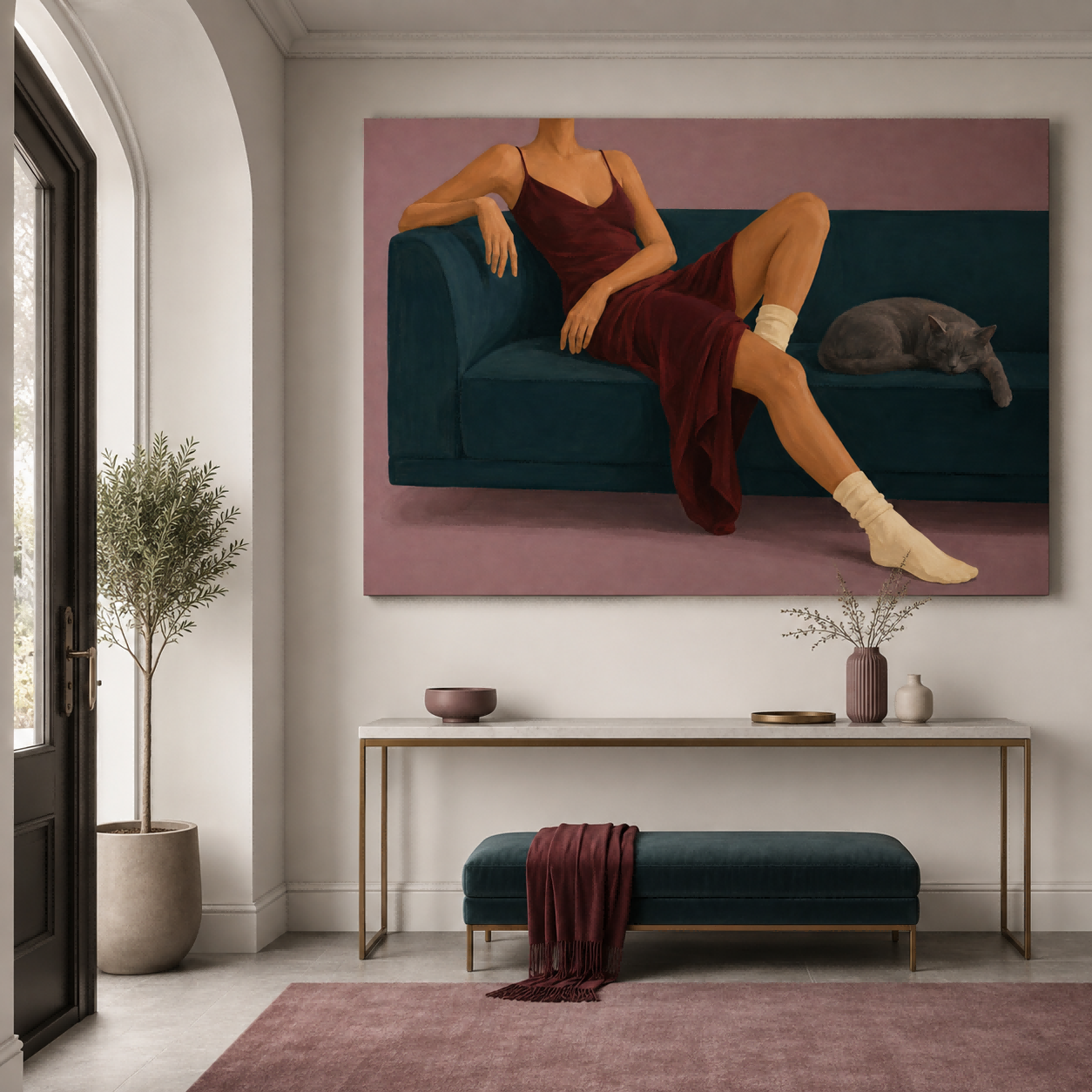 Modern Figurative Oil Painting Of Elegant Woman Resting With Pet At Home Woman And Cat On Sofa Hand-Painted Modern Canvas Art In Red And Teal