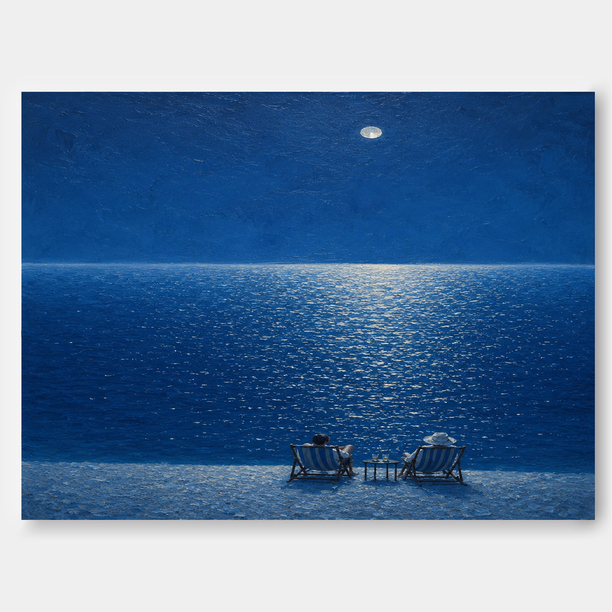 Moonlit Beach Couple Hand-Painted Canvas Art Deep Blue Sea