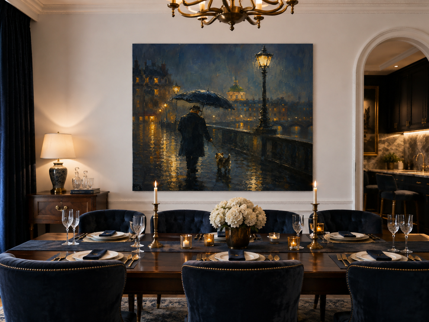 Romantic Impressionist City Night Painting With Man And Dog Under Streetlamp For Living Room Decor