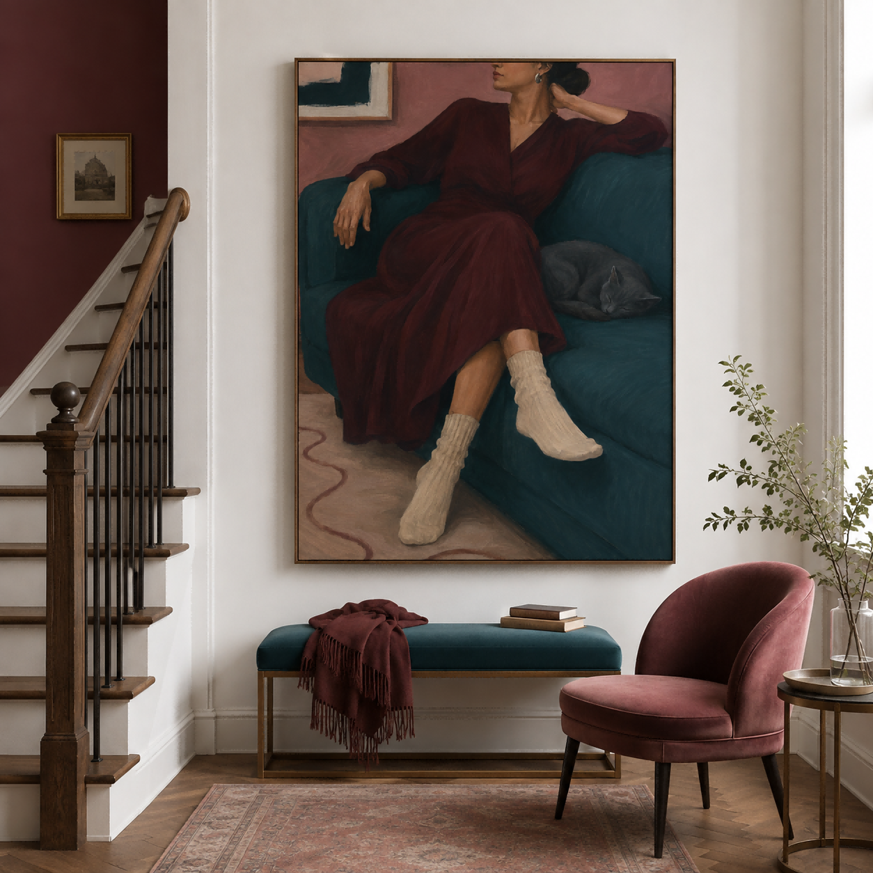 Elegant Living Room Wall Art With Woman And Sleeping Cat In Warm Tones