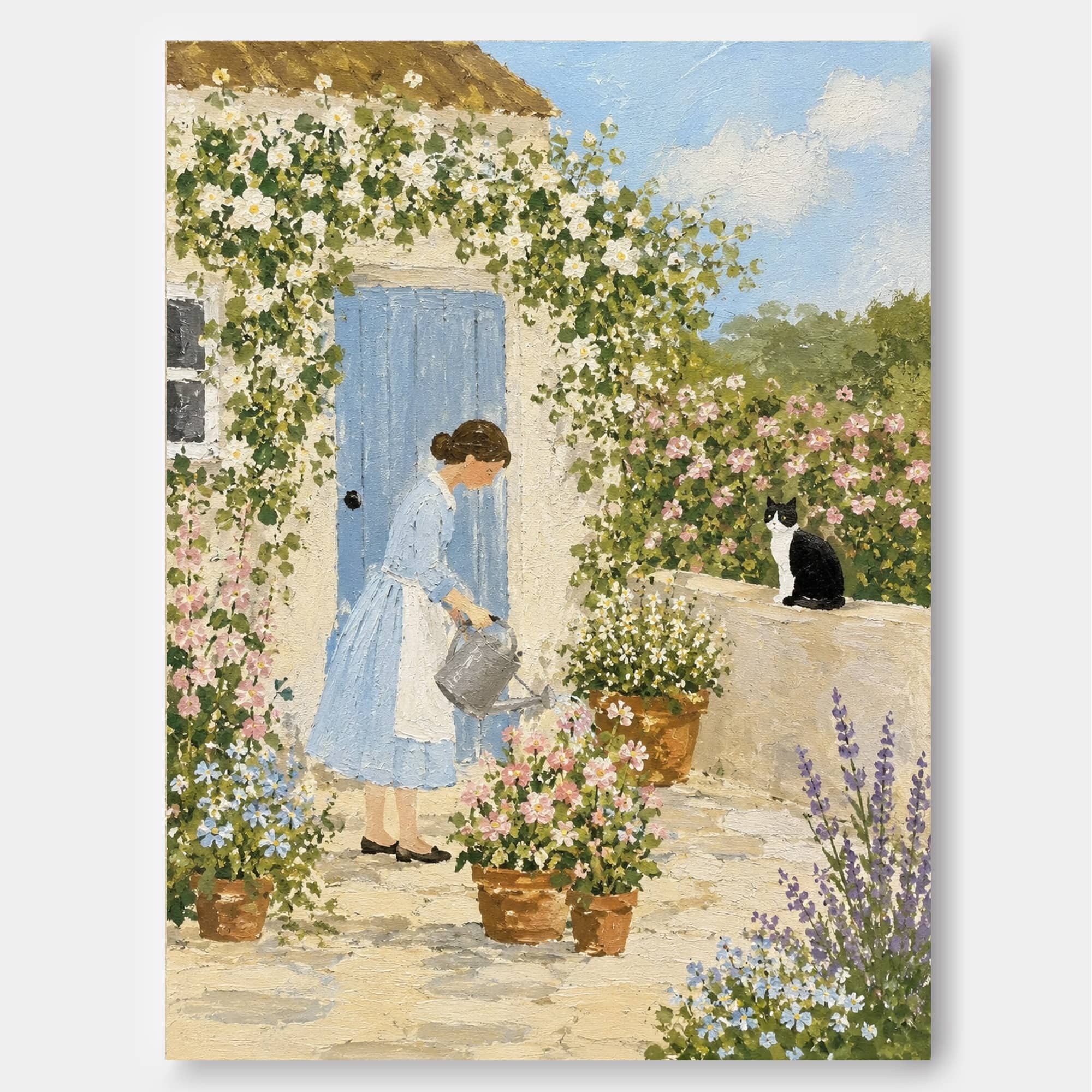Woman Watering Flowers In Cottage Garden Hand-Painted Canvas Art