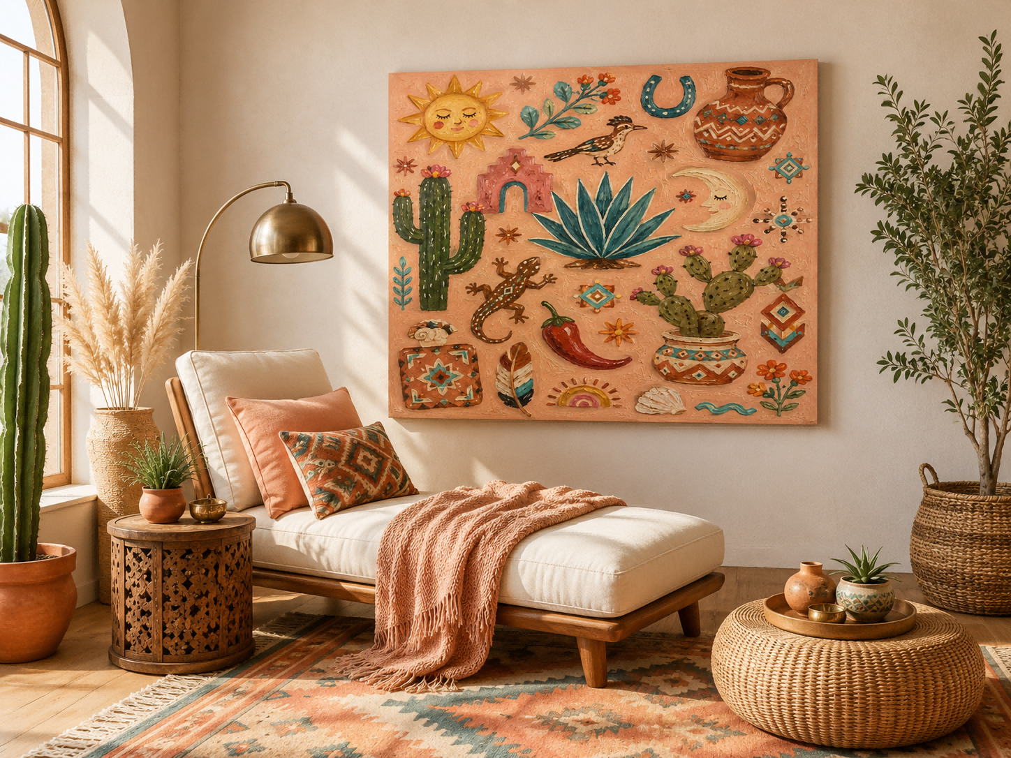 Bohemian Desert Sunset Wall Art With Geometric Cactus And Lizard For Living Room