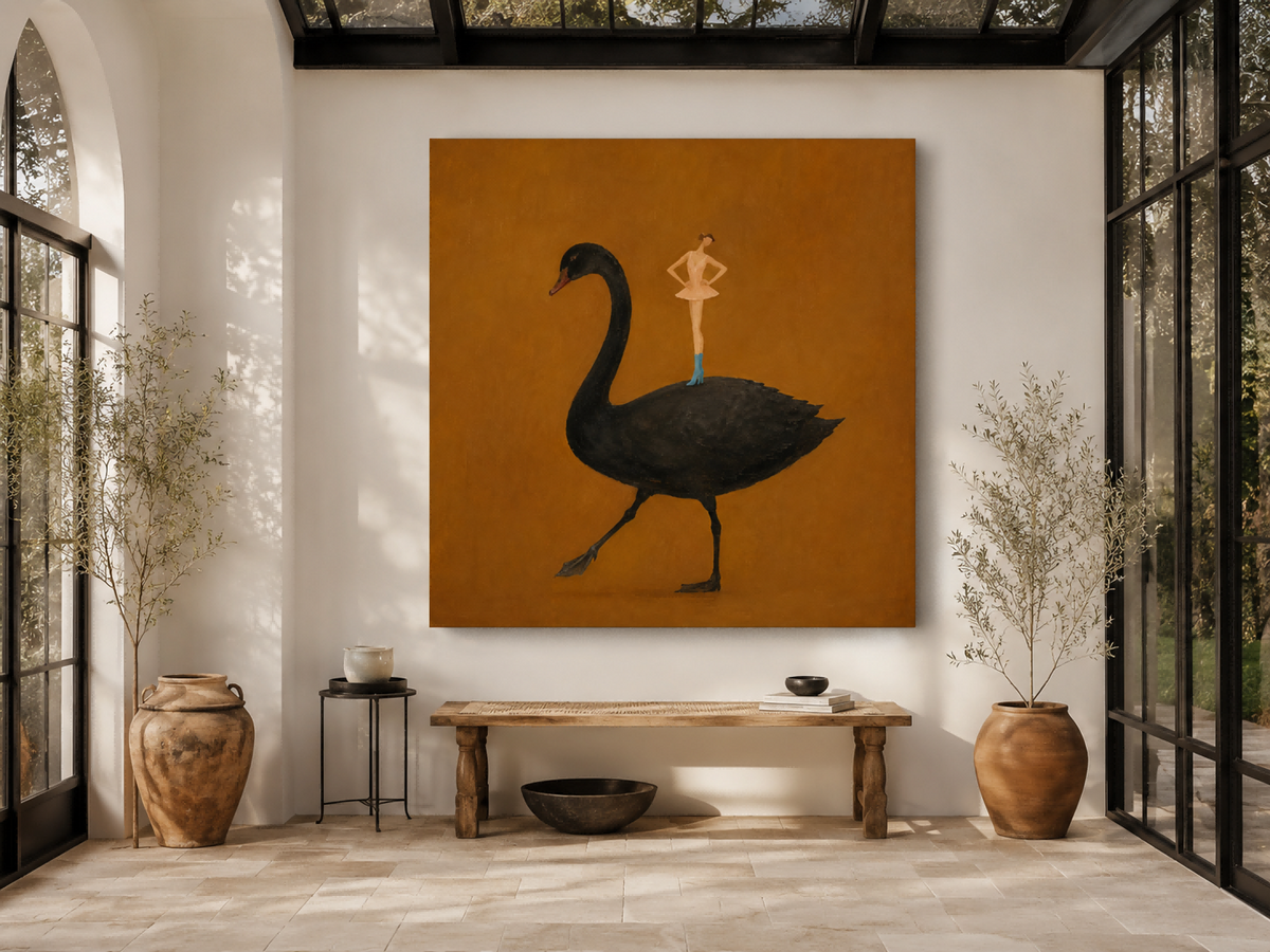 Surrealist Fashion Illustration Original Painting On Canvas Ochre Background Ballerina And Black Swan Hand-Painted Canvas Art In Warm Brown Tones