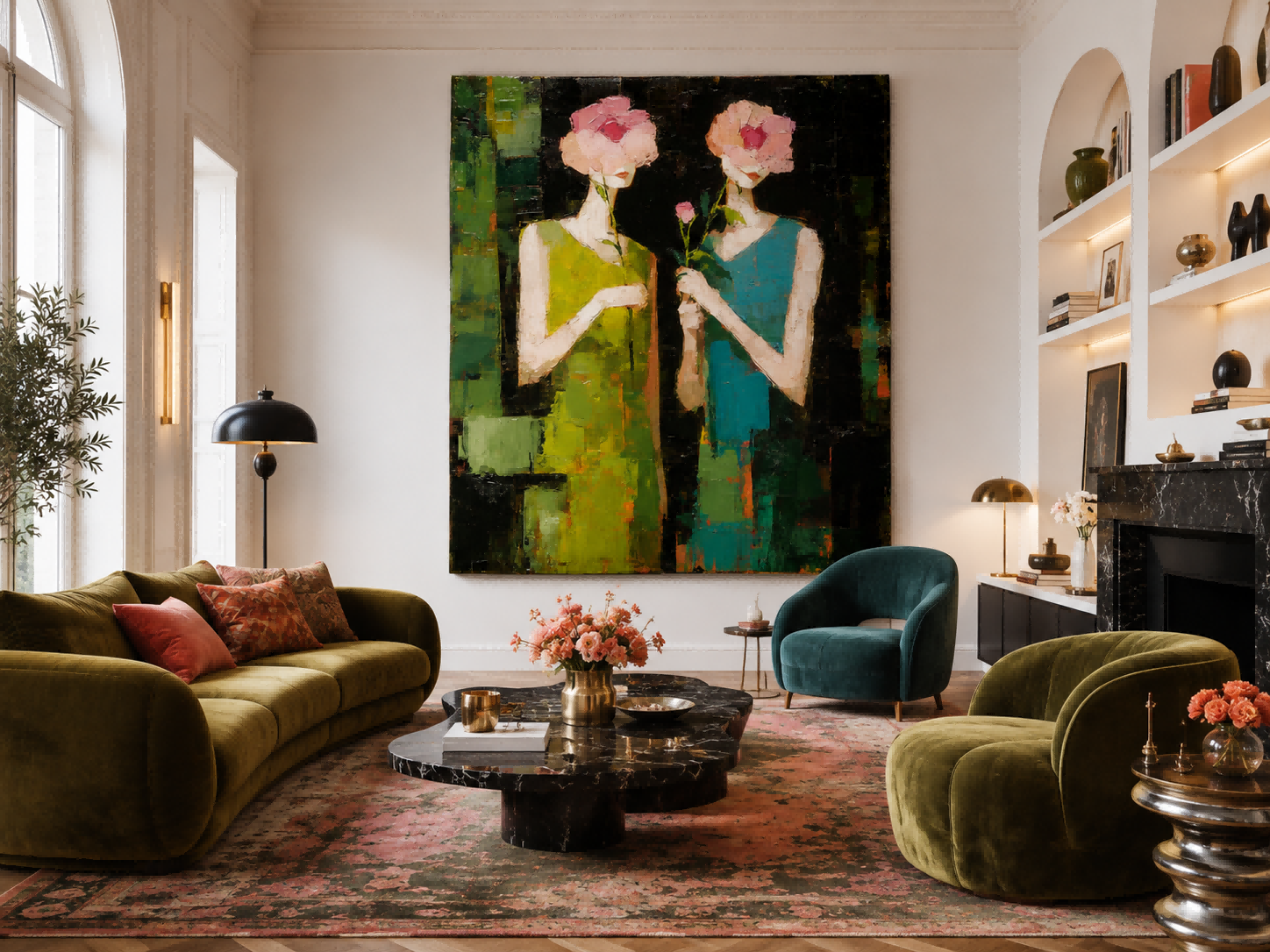 Vintage Floral Portrait Art With Expressive Brushwork For Chic Living Room Decor