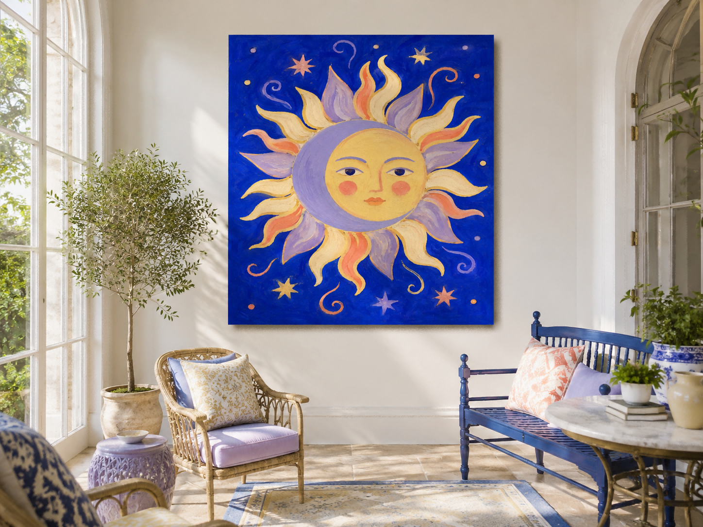 Art Deco Inspired Fantasy Sun Moon Painting With Cosmic Theme