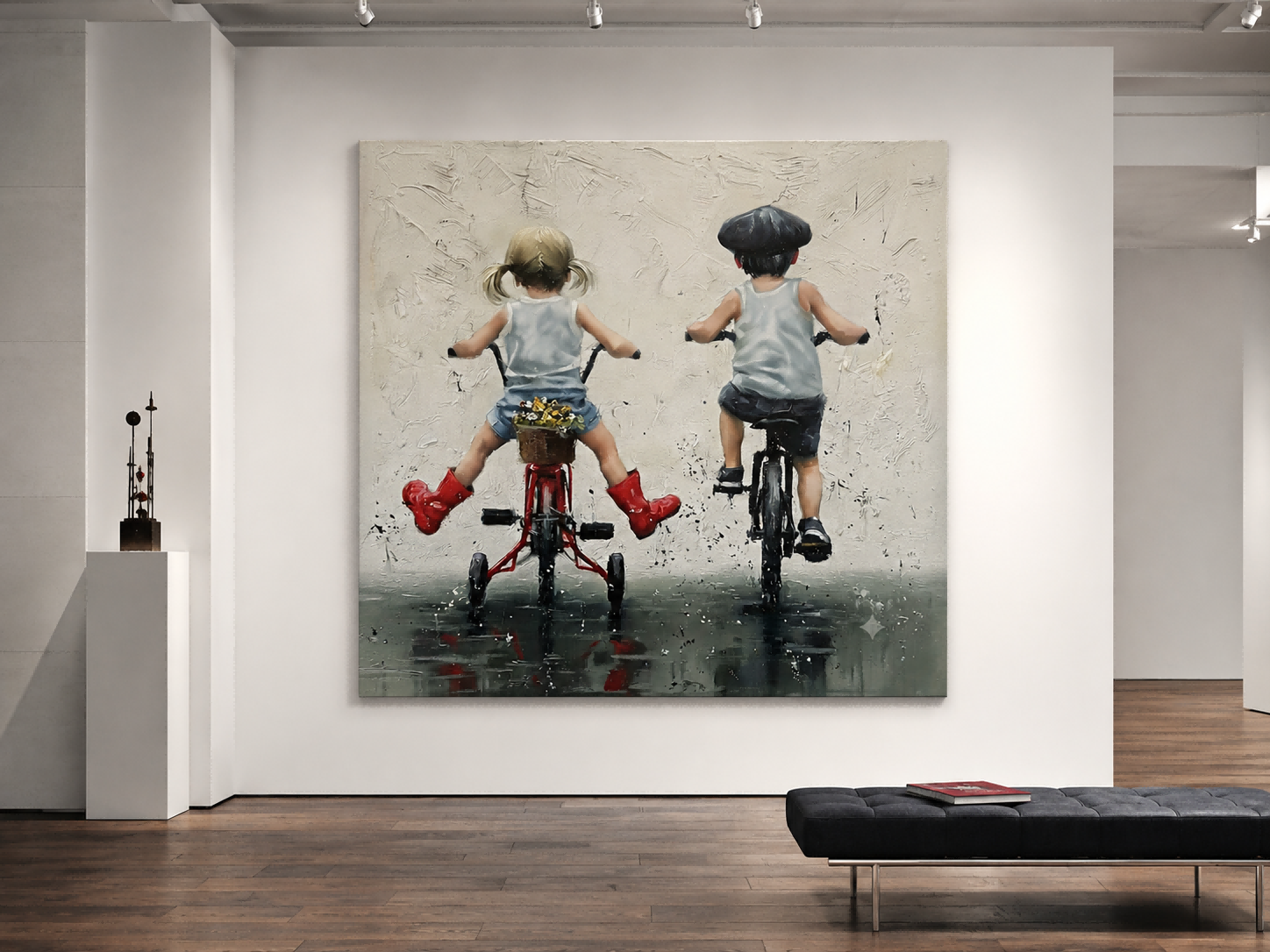 Charming Kids Riding Bikes In Rain Original Oil Painting Square Canvas Wall Art For Nursery
