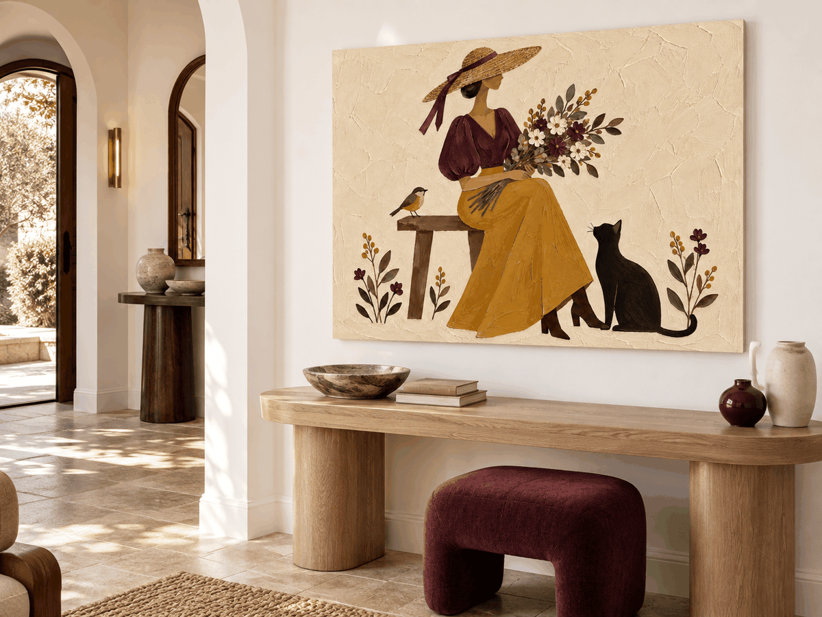 Lady With Flowers And Cat Hand-Painted Canvas Wall Art In Vintage Style