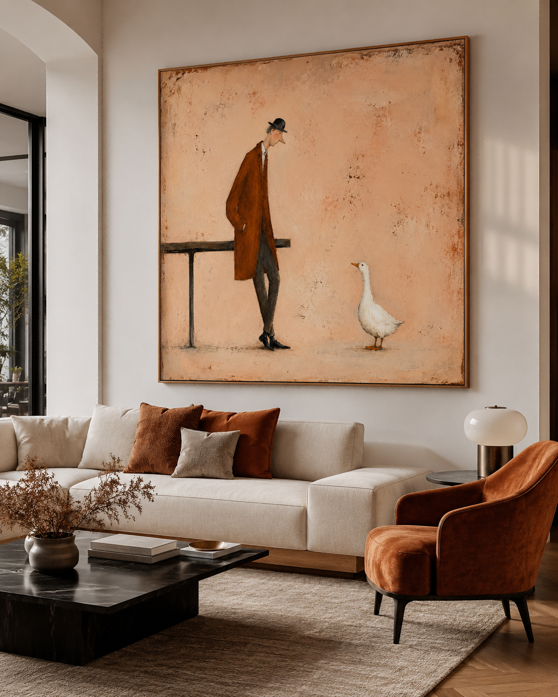 Retro Storytelling Art Hand-Painted Canvas Warm Beige Tone Original