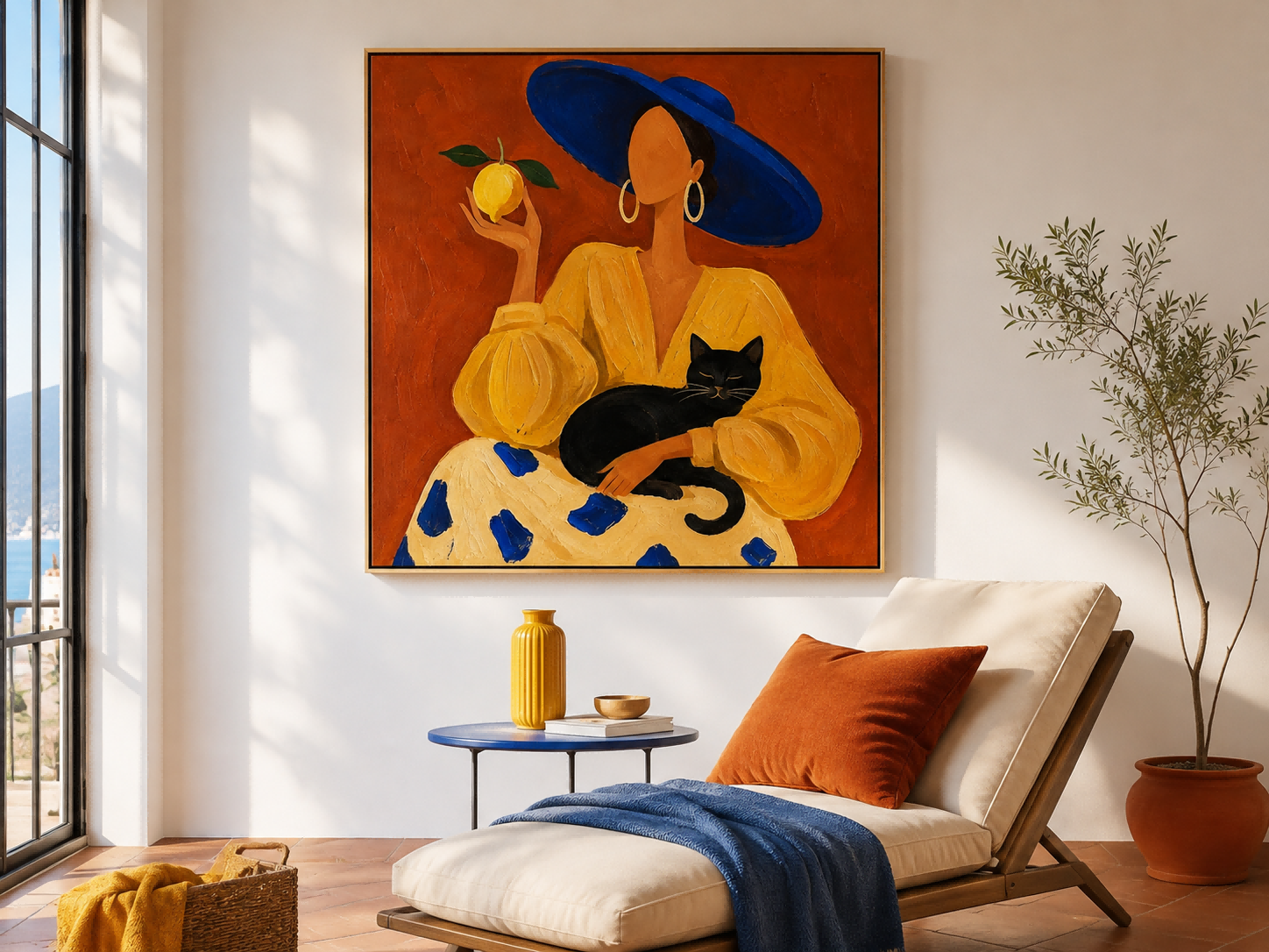 Modern Minimalist Oil Painting Of Lady With Blue Hat And Black Cat For Living Room Decor