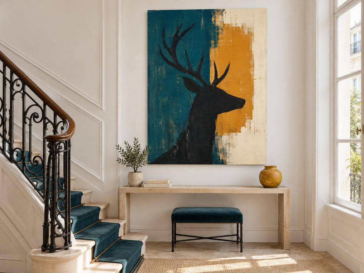 Hand-Painted Black Stag Silhouette Canvas Art With Teal And Amber