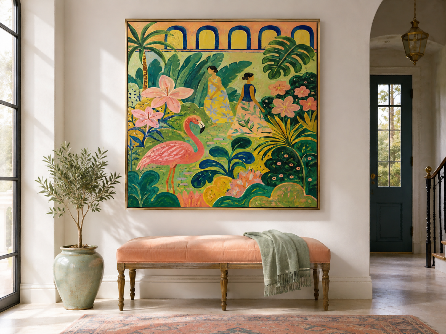 Flamingo And Women In Tropical Garden Hand-Painted Canvas Art Art Deco Fantasy Landscape Painting With Pink And Green Tones
