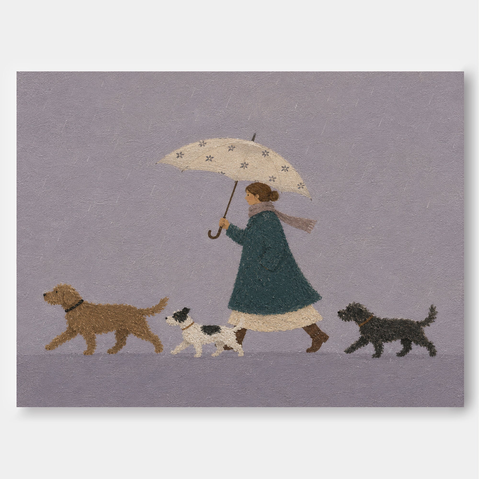 Woman Walking Dogs In Rain Hand-Painted Canvas Art With Umbrella